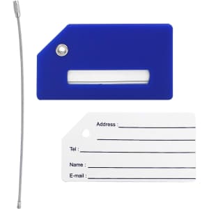 A blue silicone luggage tag with a white paper insert for details, accompanied by a metal attachment cable.