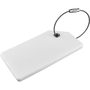 A white silicone luggage tag with a metal wire loop for attachment. It features a branding logo.