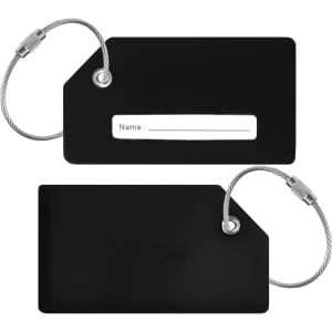 A black silicon luggage tag featuring a wire attachment and a blank area for personal details.