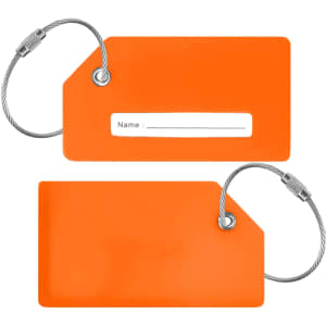 An orange silicone luggage tag with a stainless steel wire attachment and a space for writing a name.