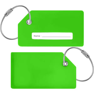 A bright green silicone luggage tag with metal attachment loops, featuring a blank name field for personalisation.
