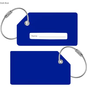 A dark blue silicon luggage tag with a white name label and a metal attachment loop.