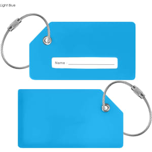 A light blue silicone luggage tag with a metal loop and a space for name details.