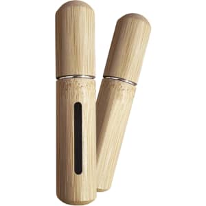A bamboo atomiser with a natural finish, featuring a sleek design and a visible opening. Includes branding.