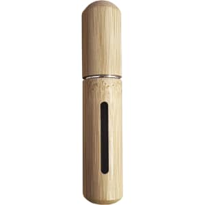 A bamboo atomiser with a sleek design, featuring a wooden finish and a clear window panel. It's compact and portable.