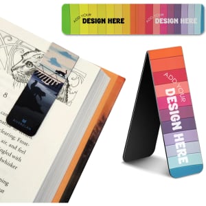 A colourful fridge magnet and bookmark set featuring a design area, with bold colour gradients and a branding logo.