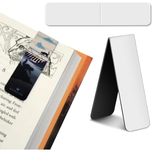 A small fridge magnet and bookmark set featuring a colourful design; one side is white and the other is black.