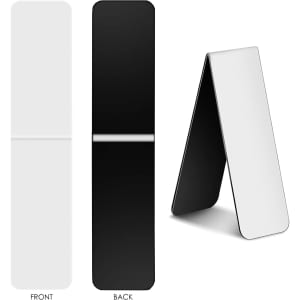 A black and white fridge magnet and bookmark with a sleek design, featuring a front and back view.