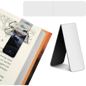 A large fridge magnet and bookmark set featuring a colourful design alongside a sleek silver and black magnet.