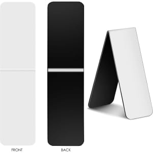 A large fridge magnet and bookmark with a white front and a black back, displayed in both flat and standing positions.