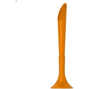 An orange plastic pen with a unique design, featuring a rounded top and a wide base. Includes a logo.