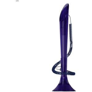 A purple, tall plastic pen with a coiled cord and a base, featuring a logo on its body.