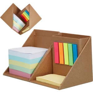 A memo holder with multiple compartments contains sticky notes in pastel colours and vibrant flags, along with a logo.