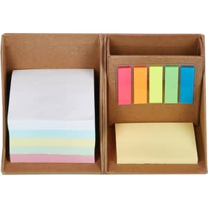 A memo holder with sticky notes in pastel colours, featuring a compartment for colourful flags and a branded logo.