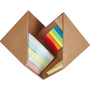 A memo holder featuring a brown case with pastel sticky notes and colourful flags inside.