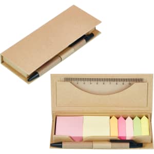 A brown memo holder containing sticky notes in various pastel colours and a black pen, with a ruler on top.