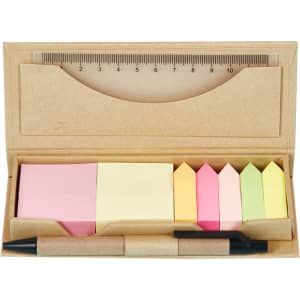 A memo holder featuring sticky notes in pink, yellow, green, and orange, with a ruler and pen included.