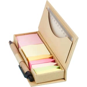 A memo holder in natural brown with sticky notes in pink, yellow, and green, and a pen included.