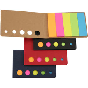 A set of colourful sticky notes in pink, yellow, and green, with a cardboard holder and branding on the cover.