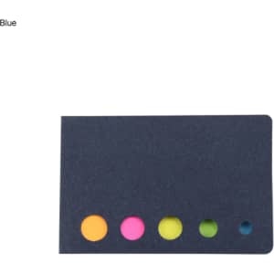 A blue sticky note pad featuring five vibrant dots in pink, orange, yellow, green, and blue.