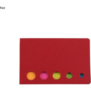 A red sticky note pad featuring five circular cut-outs displaying vibrant colours: orange, pink, green, yellow, and blue.