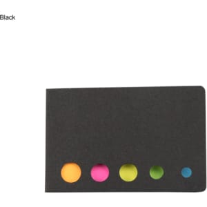 A black sticky note pad with a design featuring colourful dots in orange, pink, yellow, green, and blue.