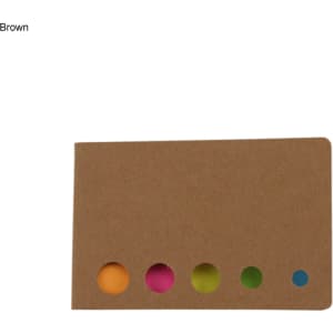 A brown sticky note pad with coloured dots in orange, pink, green, and blue. It features a logo on the cover.