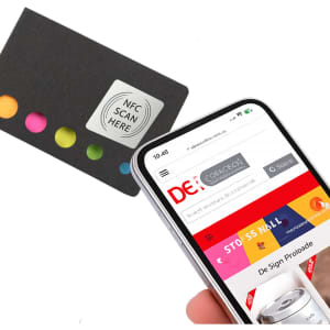 A black card with coloured dots on one side is shown next to a smartphone displaying a website.