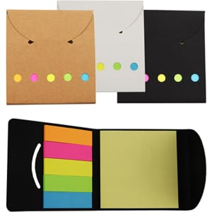 A collection of sticky note pads in various colours including pink, yellow, green, and blue, with a kraft, white, and black cover.