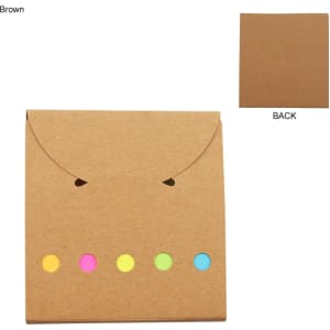 A brown sticky note pad with five colourful sticky dots in pink, yellow, and green on the front.