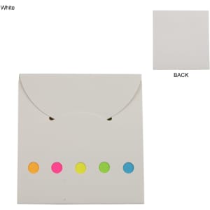 A white sticky note pad with five coloured dots in pink, yellow, and green on the front and a plain back.