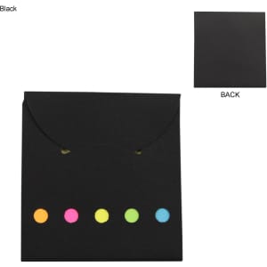 A black sticky note pad with five coloured dots (pink, orange, yellow, green, blue) on the front. The back is plain.