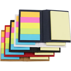 A collection of mini sticky note pads in various colours, including blue, pink, yellow, and green, with a black and white cover.