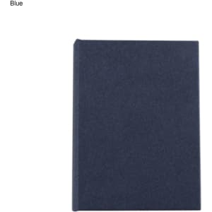 A blue mini sticky note pad with a plain cover, featuring a logo on the front.