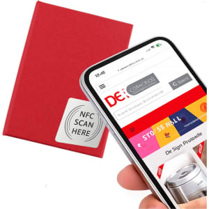 A red mini sticky note pad with a smartphone scanning a QR code on its cover. It features a logo.