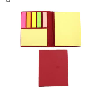 A red Handy Sticky Note Pad featuring yellow, pink, green, and orange sticky notes with a folio design.