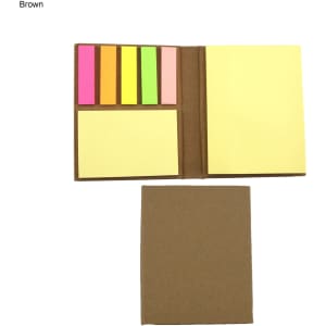 A brown Handy Sticky Note Pad featuring various sized sticky notes in yellow, pink, green, and orange.