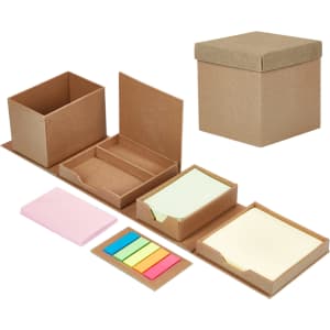 A desk organiser with various compartments, featuring sticky notes in pastel colours and a natural brown finish.