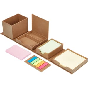 A desk organiser featuring multiple compartments and sticky note sets in pastel colours, presented in a cardboard design.
