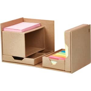 A desk organiser featuring a brown cardboard design with compartments for sticky notes in pink and assorted colours.