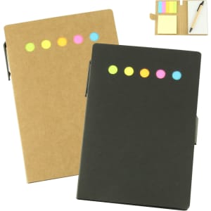 Two sticky note pads, one brown and one black, featuring brightly coloured sticky flags. Includes a pen holder.