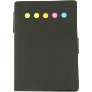 A black sticky note pad with five colourful dots along the top and a clip on the side. It features a logo.