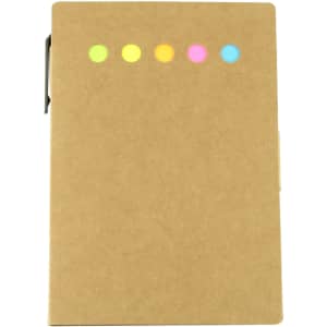 A sticky note pad in a brown cover featuring five colourful tabs in yellow, green, pink, and blue, with a black pen.