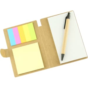 A sticky note pad featuring yellow, pink, green, and blue notes, with a blank notepad and a pen, in a brown cover.