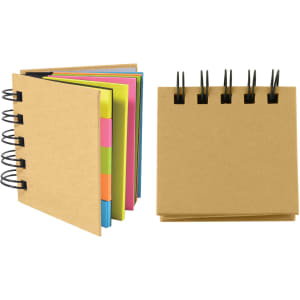 A notepad with spiral binding, featuring multiple colourful pages in shades of pink, blue, and green, with a brown cover.