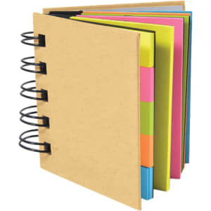 A notepad with a natural brown cover and brightly coloured pages, featuring a spiral binding and tabs.