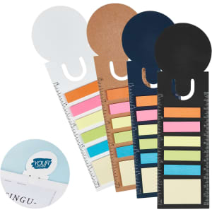 Four bookmark ruler sticky note pads in white, brown, navy, and black, featuring various coloured sticky notes. One pad has a logo.