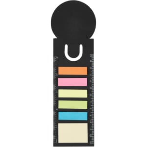 A black bookmark ruler with sticky note pads in orange, pink, green, yellow, and cream colours, featuring a logo.