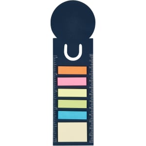 A navy bookmark ruler featuring sticky note pads in pink, orange, yellow, green, and blue, with a ruler design.