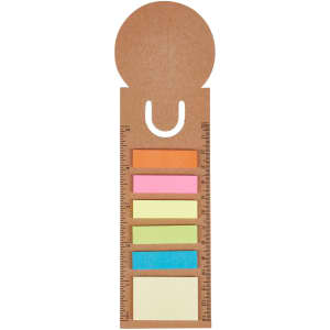 A sticky note pad in brown with a ruler design and colourful sticky notes in pink, orange, blue, green, and yellow.